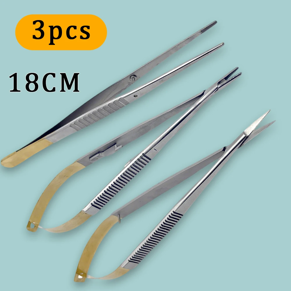 

18cm Dental Castroviejo Needle Holder Surgical Scissors and Orthodontic Implant Forceps Set 3pcs
