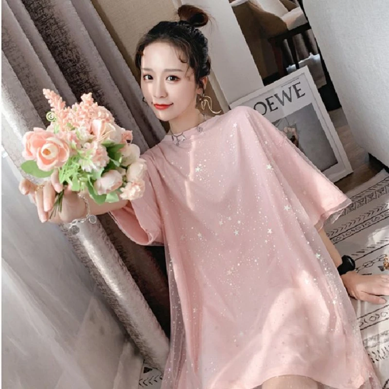 เย็บตาข่ายยาว 2025 เสื้อยืดแขนสั้นสองชิ้นปลอมฤดูร้อนกระโปรงลําลองเกาหลี