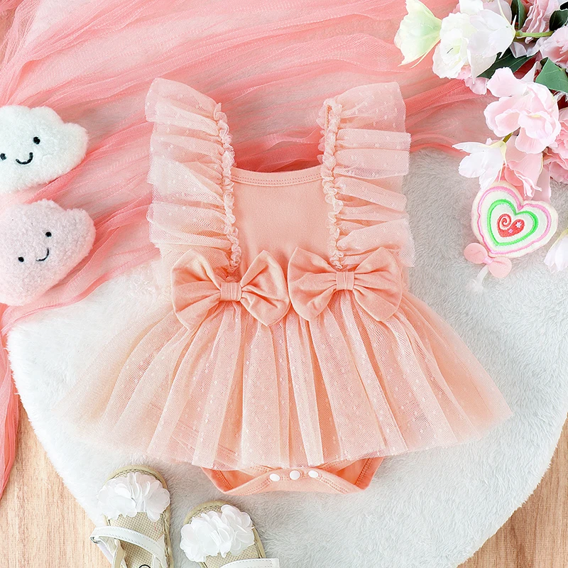 Summer Infant Baby Girls Tulle Romper Dress Dot Print Flying Sleeve Square Neck Bow Jumpsuit Dress Newborn Clothing