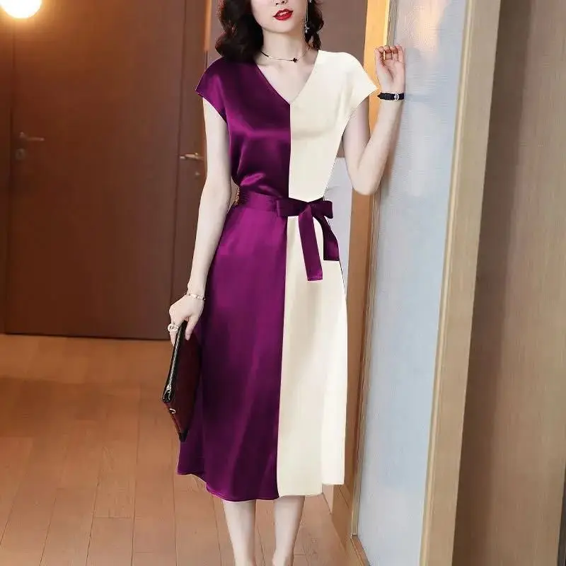 

Elegant V-Neck Spliced Bandage Bow Asymmetrical Midi Dress Women's Clothing 2023 Summer New Loose Satin Office Lady Long Dress