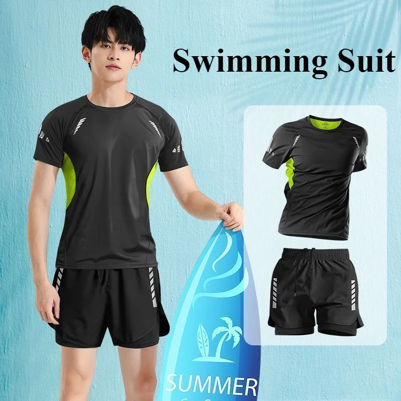 2025 Men Swimsuit O-Neck Short Sleeve Mid-rise Swimming Suit Printing Slim Fit T-shirt Two-Piece Separates Trucks Set Beachwear