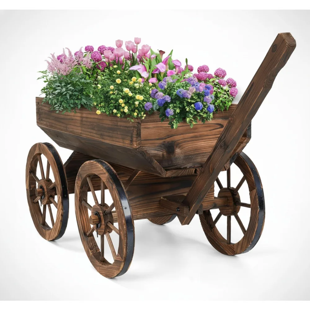 

Rustic Wooden Flower Cart with Wheels - Outdoor Garden Planter for Balcony Patio Decor