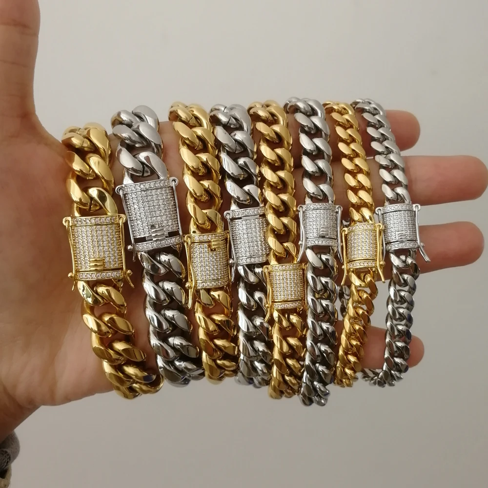 

EYIKA High Quality Hiphop Men Gold Silver Color Stainless Steel Chain Bracelet Zircon Buckle Miami Cuban Chain Thick Bracelet