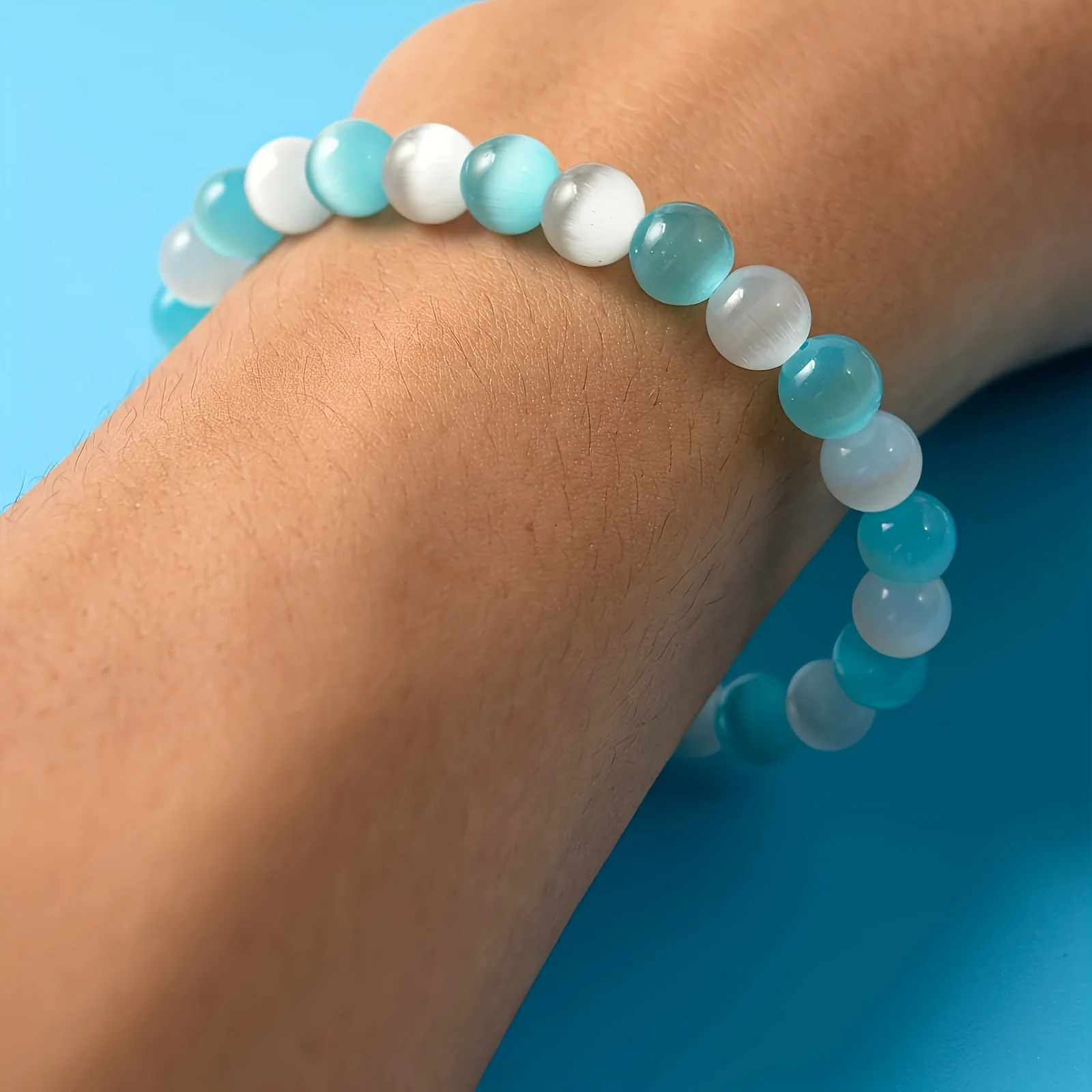 Rosa-weiß-blaues Katzenaugen-Stein-Armband für Frauen, natürlicher Kristall, Glücksperlen-Schmuck, Geschenk für Reichtum und Karriere – Detail 3
