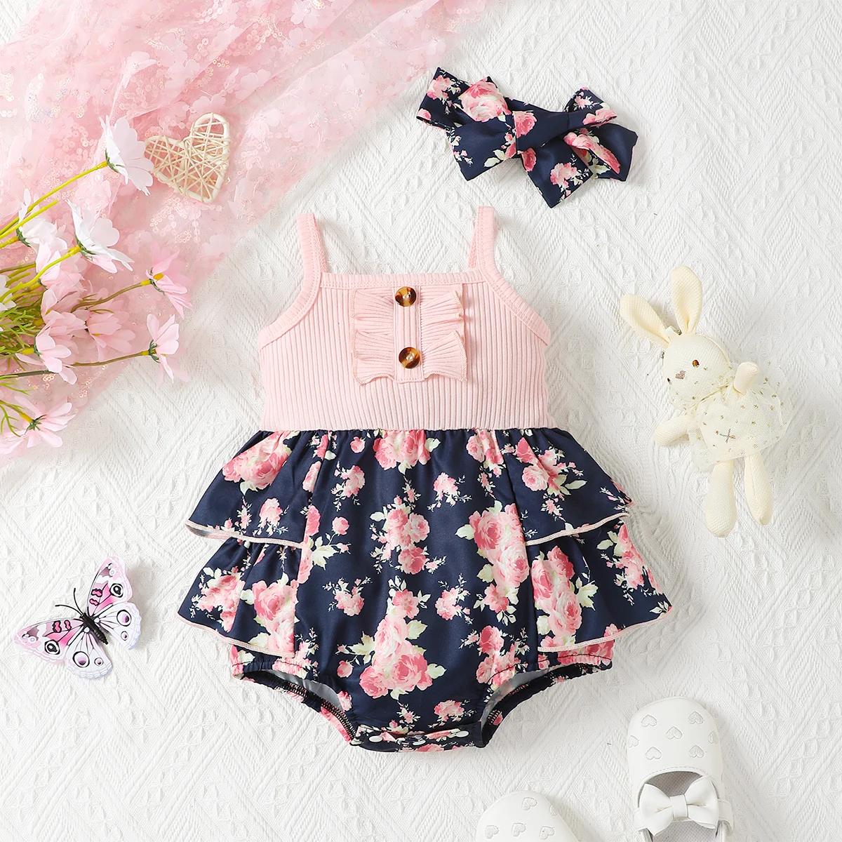 Flounce Baby Girls Romper Summer Flower Print Jumpsuit for Toddler Girls Single Row Buckle Strap One-Piece Clothing 0-24M