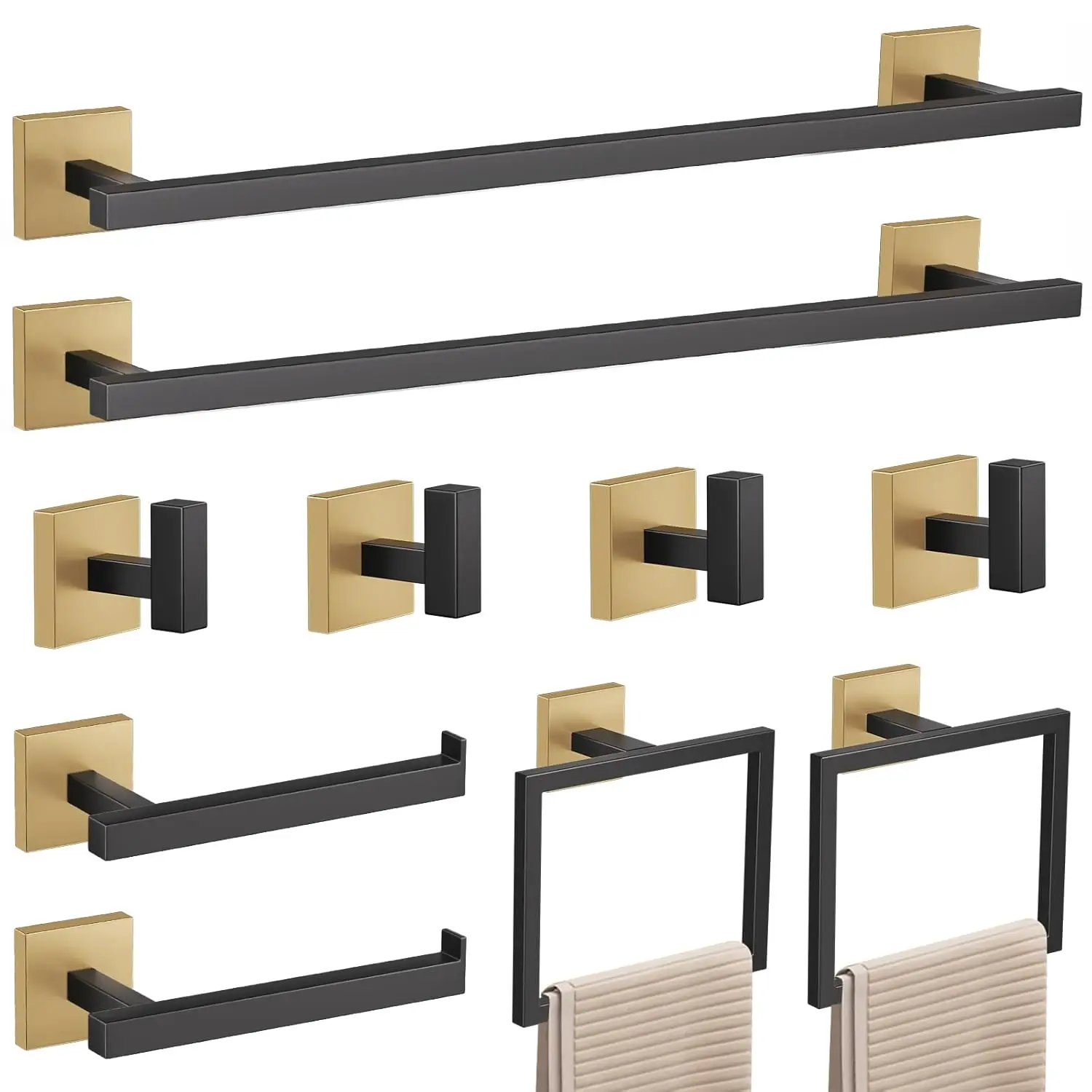 

10-Piece Towel Bar Set, Black and Gold Bathroom Hardware Set, SUS304 Stainless Steel 23.6 Inch Wall Mounted Towel Holder