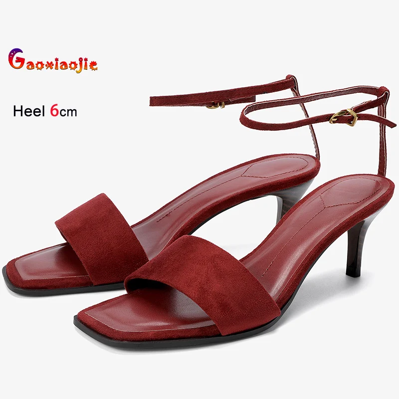 

2026 New Wine red Simple retro style Everyday Women Square Toe Sandals 6CM Thin Heels Basic Summer Office Outdoor Woman Shoes