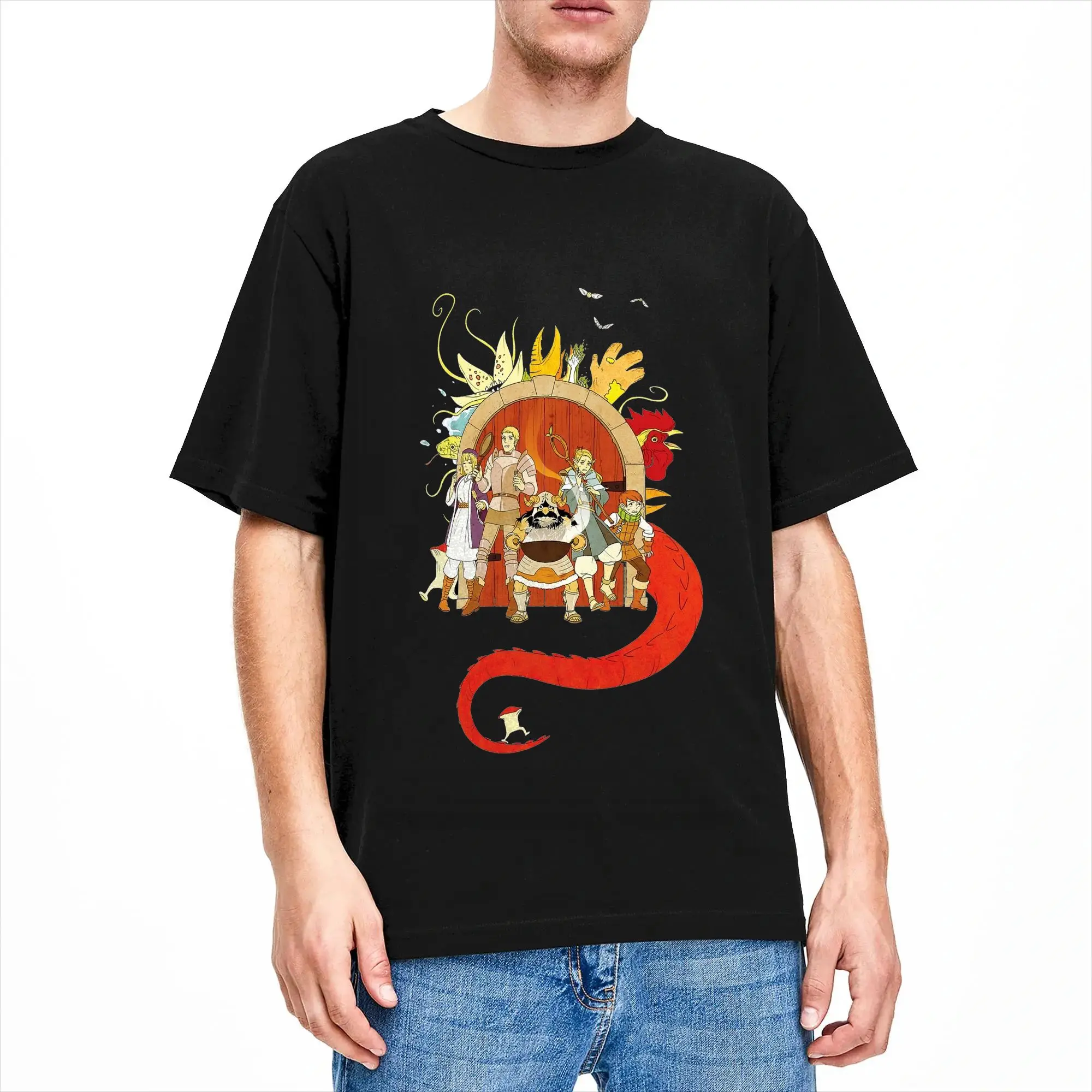 Dungeon Meshi Anime  Marcille Laios T Shirts 100% Cotton T-Shirts Round Neck Delicious In Dungeon Tee Shirt Clothes Unique