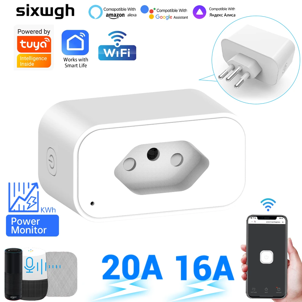 Tuya WiFi Smart Socket Brazil Plug Type N, Remote & Voice Control, Timer/Countdown, Overload Protection, Smart Life