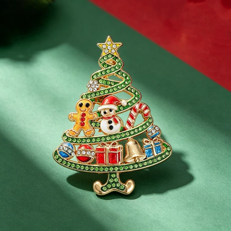Christmas Theme Rhinestone Inlaid Brooch Cartoon Alloy Bell Christmas Tree Pin Badge Holiday Gift DIY Clothing Bag Decoration