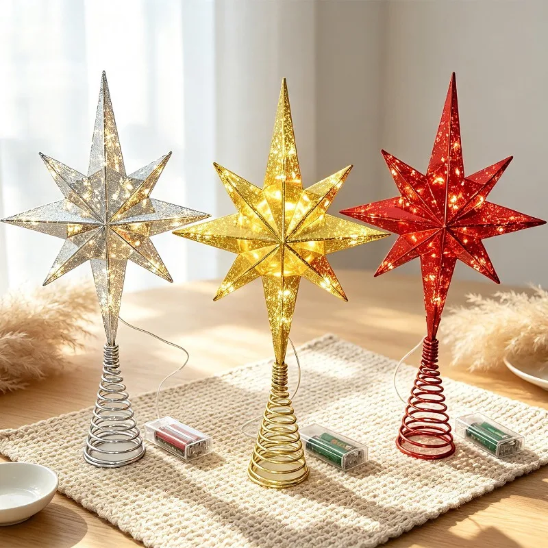 Christmas Decoration Gold and Silver Red Star Luminous Battery Box Tree Top Decoration Christmas Tree Top Light