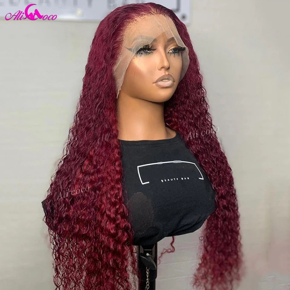 

99j Burgundy Curly Lace Front Wigs Human Hair Colored Red Curly Wig Human Hair Wigs For Women 200 Density 13x4 Transparent