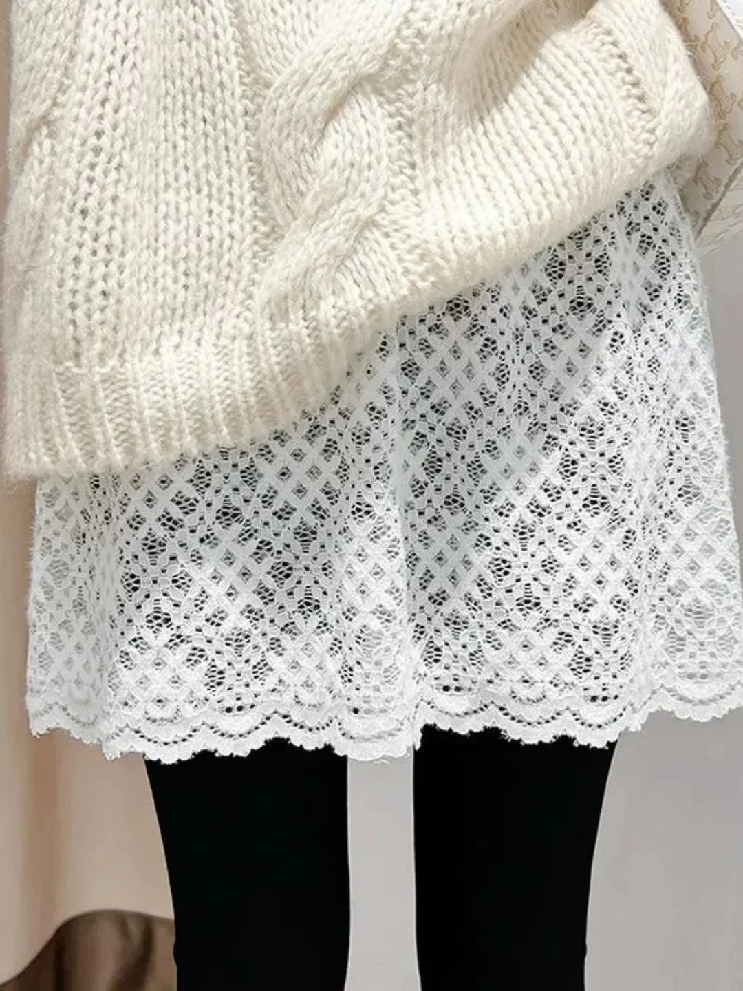 

Осенне-зимняя кружевная юбка-свитер для многослойного ношения, имитация подола, базовая многослойная юбка, корейская юбка А-силуэта с высокой талией