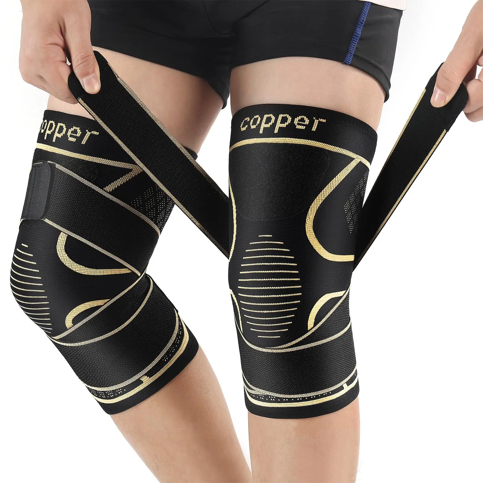 1Pc Copper Knee Braces with Strap for Women and Men, Knee Compression Sleeve, Knee Support for Working, Running, Weightlifting