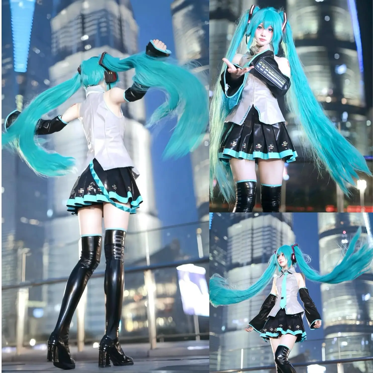 Synthetic Green Wigs +Hair Cap Long Greenish Wig with 2 Ponytails for Women Straight Bangs Cosplay Halloween Christmas Party