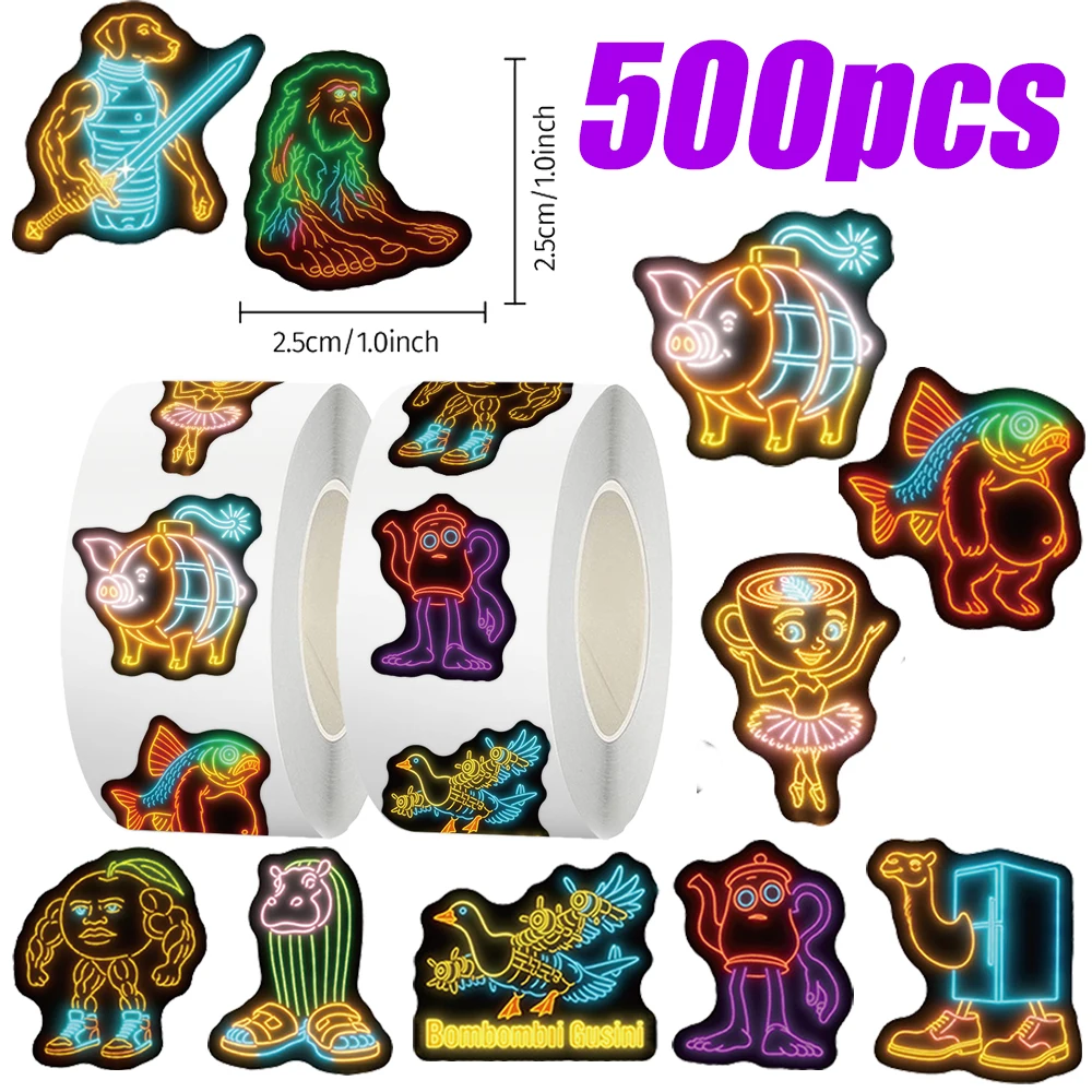 

500pcs Cool Neon Abstract Animal Stickers Roll Tung Tung Sahur Sealing Label Decals DIY Laptop Phone Car Funny Creative Sticker