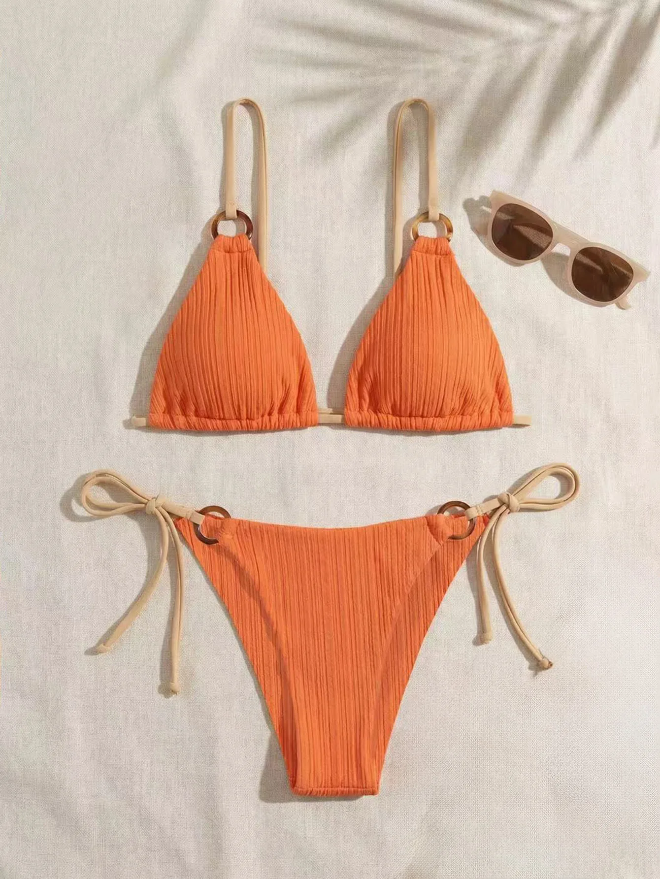 Women's Padded Three-point Bikini Set Solid Color Spaghetti Strap Hoop Sexy Swimsuit Two-piece Swimwear Wireless Bathing Suit - view 6
