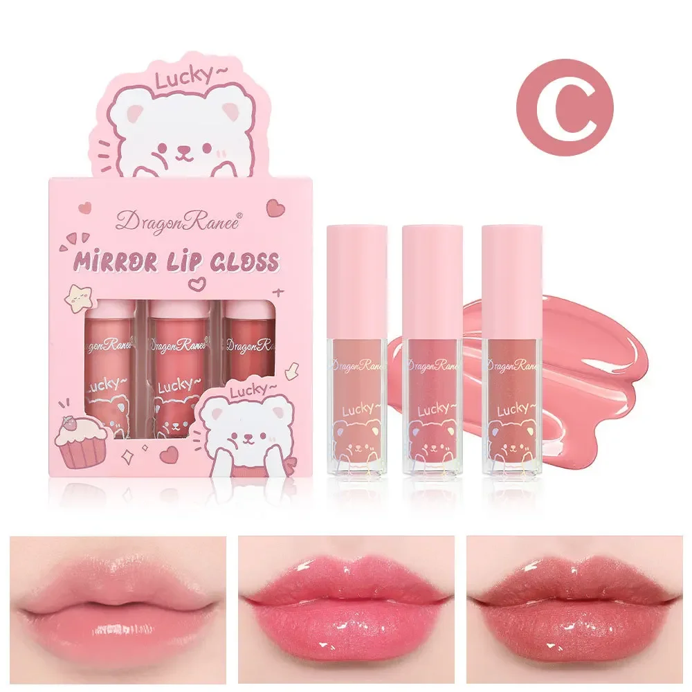 Dragon Ranee 3Pcs/set Glossy Lip Gloss Moisturizing Sparkling Glass Water Mirror Pearlescent Cartoon Lipstick Cosmetic Wholesale