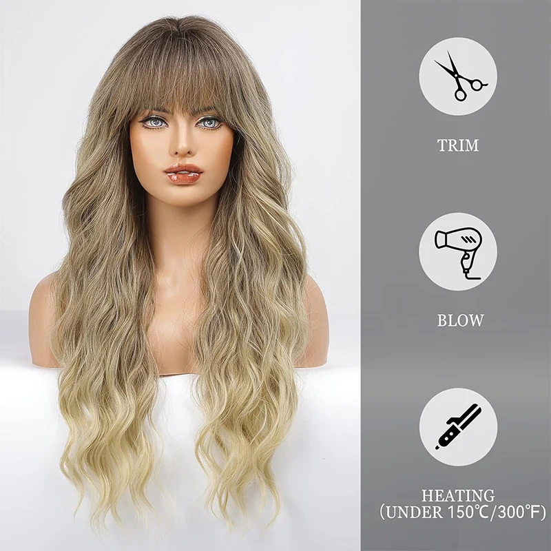 Long Wavy Ombre Brown Wig for Women Natural Synthetic Blonde Wigs with Bangs Body Wave Wigs Cosplay Hair Heat Resistant