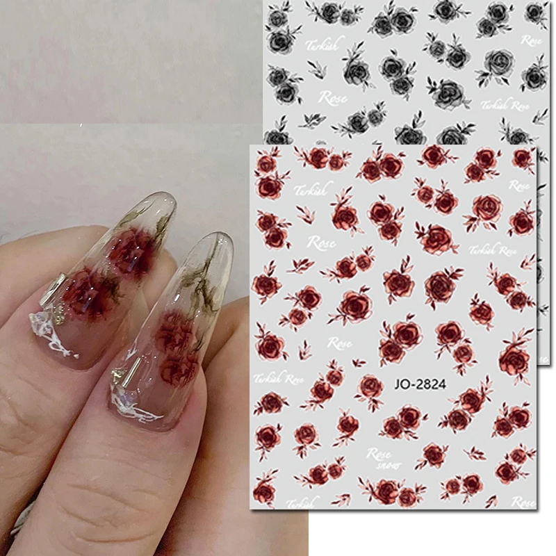 

3d Nail art Stickers Vintage Half Transparent Red Black Roses Flowers Decals For Nail Decorations Manicures Beauty