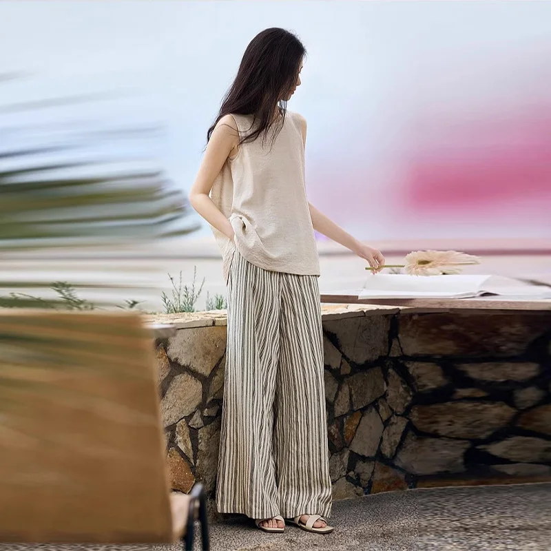 

Summer 2025 Women's Linen Sleeveless Two-Piece Set Casual Loose Sleeveless Striped Wide Leg Pants Fashion Vacation Outfit