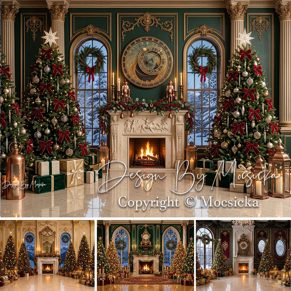 Mocsicka Christmas Fireplace Room Backdrop Photography Xmas Tree Present Gold Column Clock Wreath Background Indoor Studio Photo