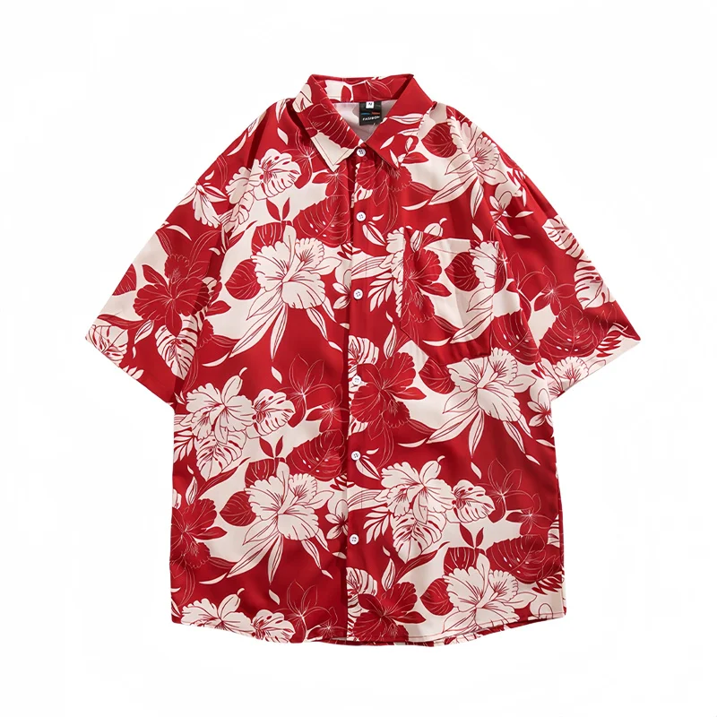 Men's Summer Seaside Vacation Short Sleeve Printed Shirt Loose Casual Handsome Versatile Top Retro Hawaiian Beach Floral Shirt