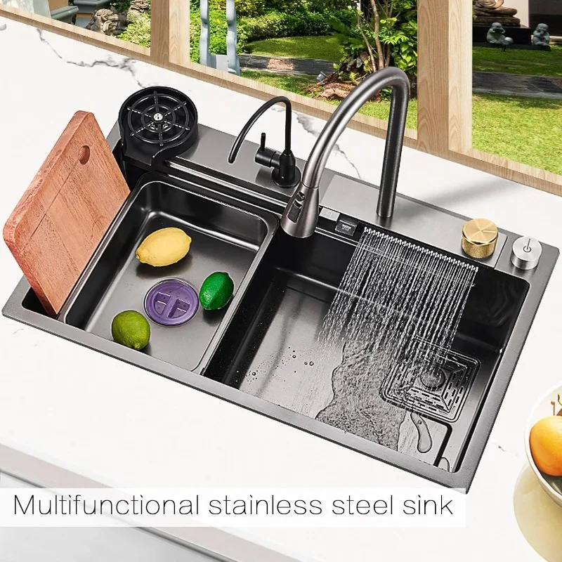 Waterfall Kitchen Sink Black Single Bowl Stainless Steel Bar Sink Undermount of Countertop Installation with Accessories Black