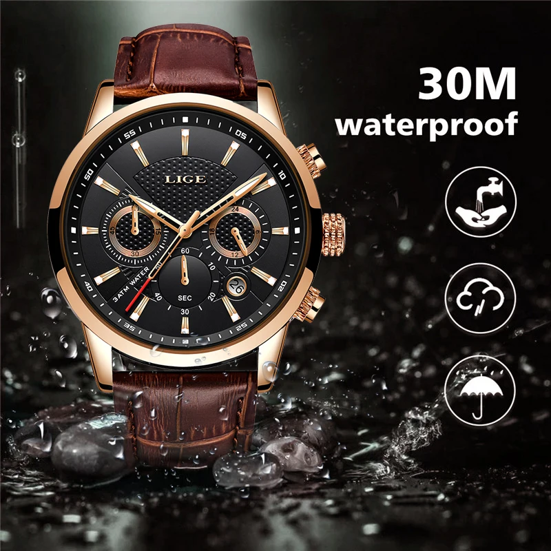 

2025 LIGE лучший бренд класса люкс повседневные кожаные кварцевые мужские часы мужские деловые часы мужские спортивные водонепроницаемые часы с хронографом и датой мужские часы