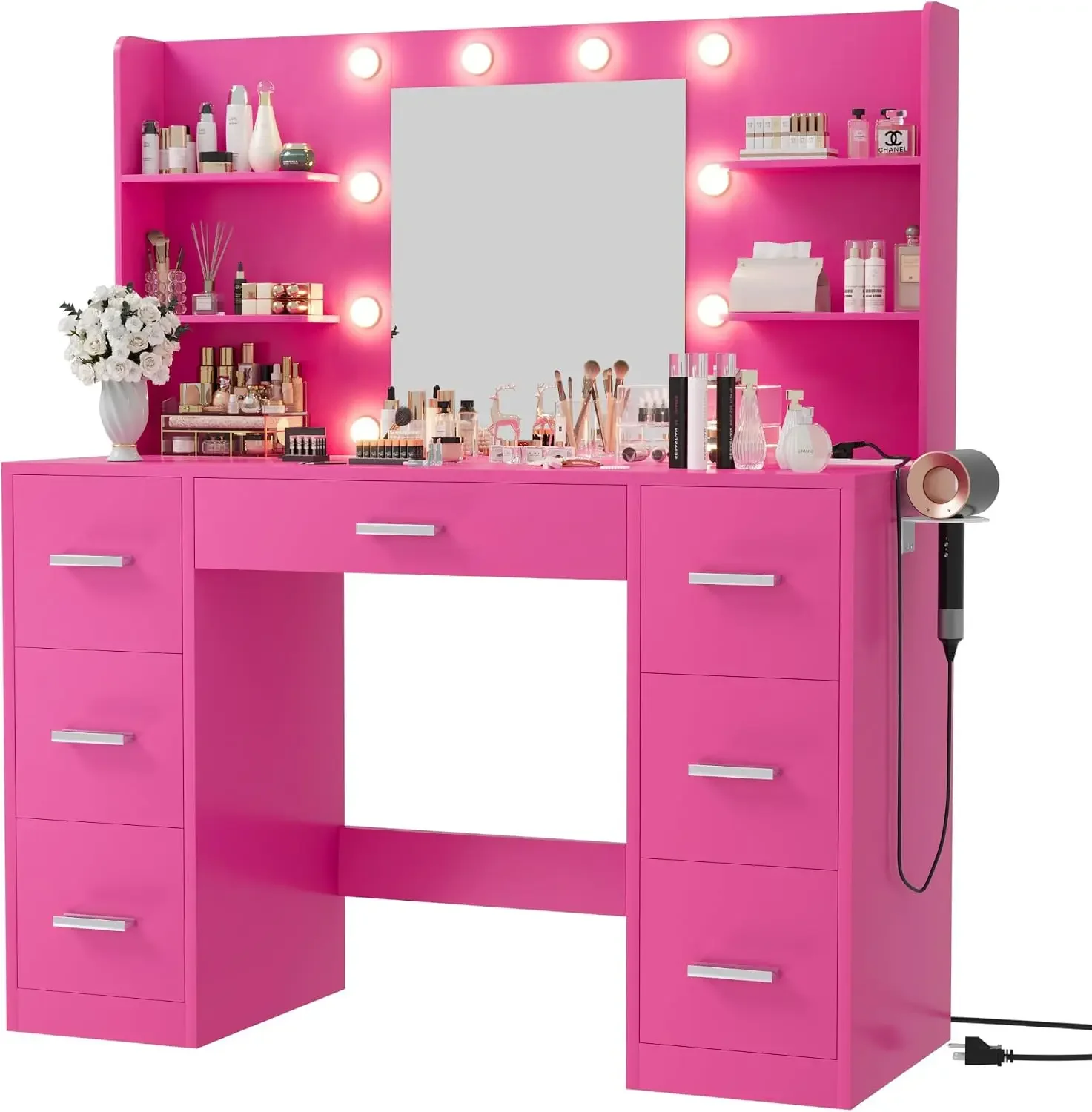 Furmax Vanity Desk with Mirror, LED Lights and Power Outlet Makeup Vanity Table with 7 Drawers and 6 Storage Shelves Dressing Ta