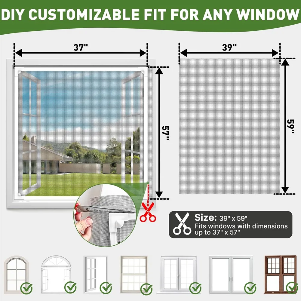 Reliable- Window Screen Adjustable Magnetic Window Screen Replacement Max 39inch X 59inch, DIY Fiberglass Mesh Window Screens