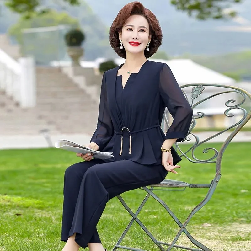 Mid Aged Mom Summer Suit Foreigner 2023 New Mid aged and Elderly Women Spring/Summer Thin Fashion High End Two Piece Set