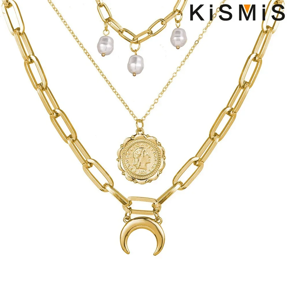 KISMIS 1PC Vintage Three Pearl Human Head Crescent Pendant Three Layer Necklace New Fashion Long Link Chain Multi-layer Necklace