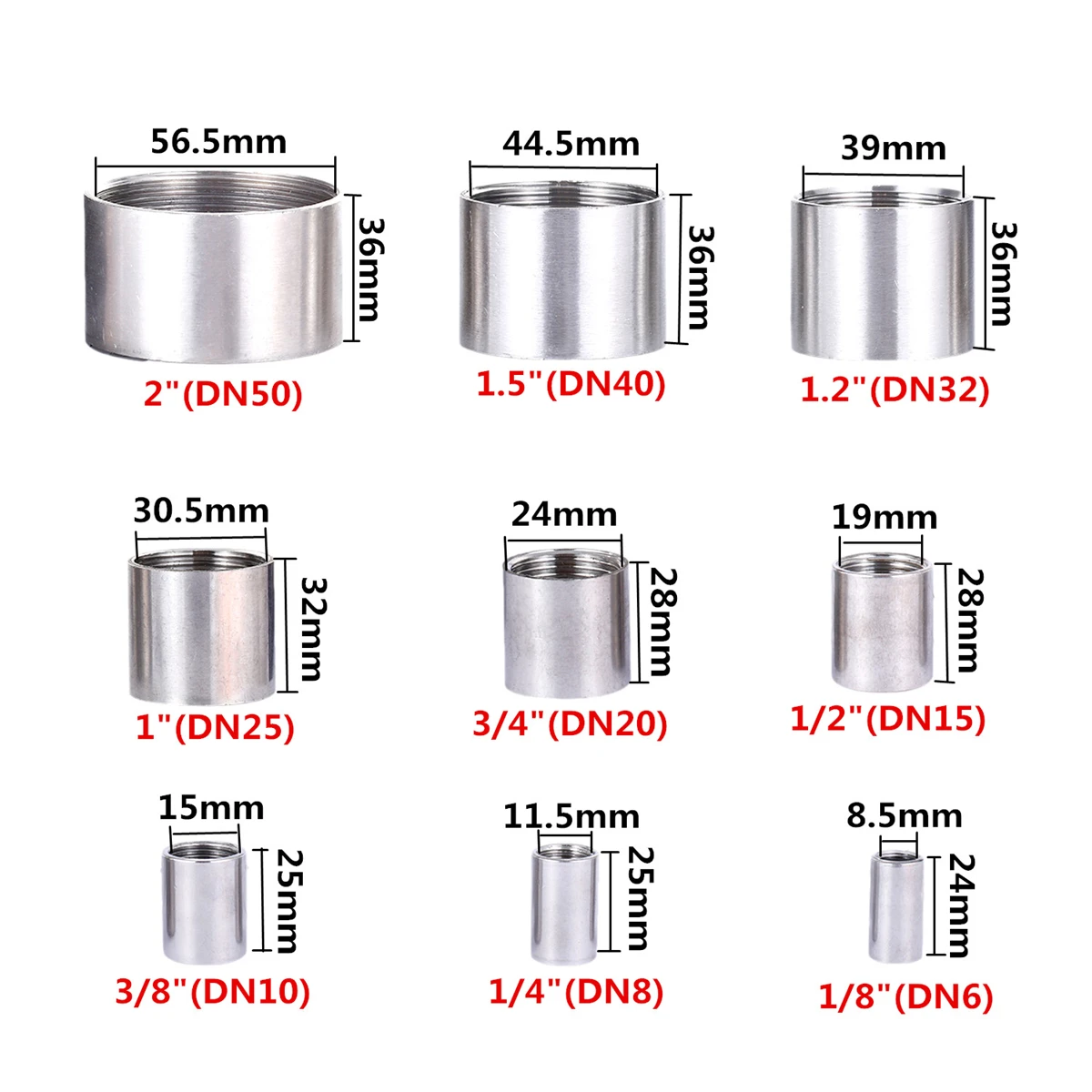 Double Internal Thread 304 Stainless Steel Straight Connector Direct DN6~DN50mm Female Thread Garden Lawn Irrigation Joint 3Pcs