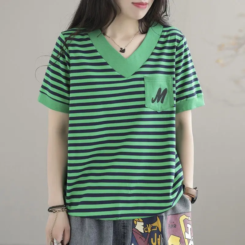 Vintage Striped Loose Tops Tees Summer New Printing Short Sleeve V Neck Plus Size Casual T Shirts Fashion Trend Women Clothing