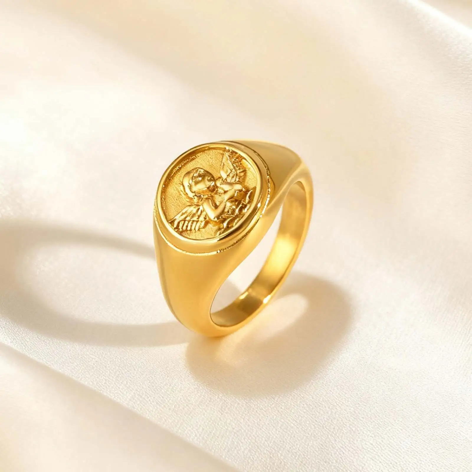 Anel de anjo cupido brilhante de aço inoxidável para mulheres cor dourada anéis de amor de oração feminino presente de joia exclusivo
