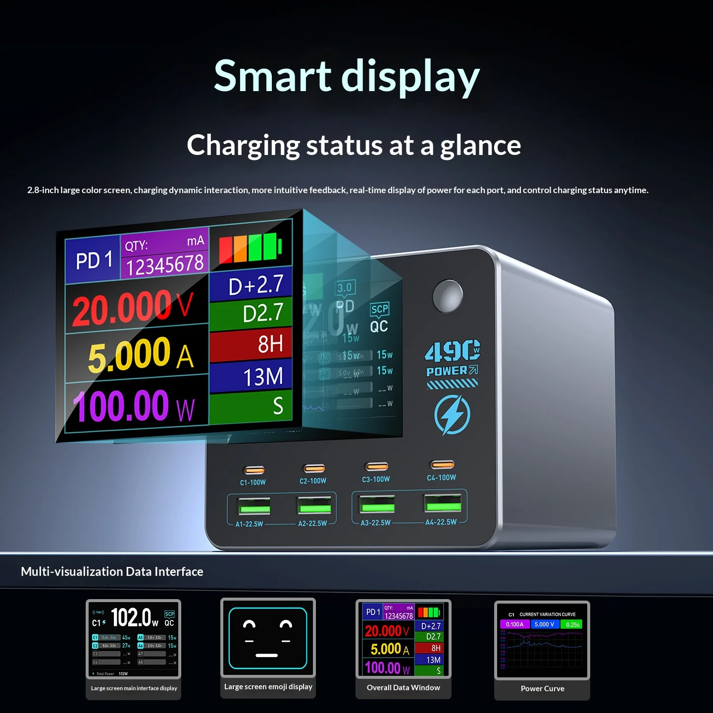 Multi-apparaat desktop oplaadstation 4C+4A+Draadloos opladen, 100W PD snellader met 2,8 inch TFT-scherm