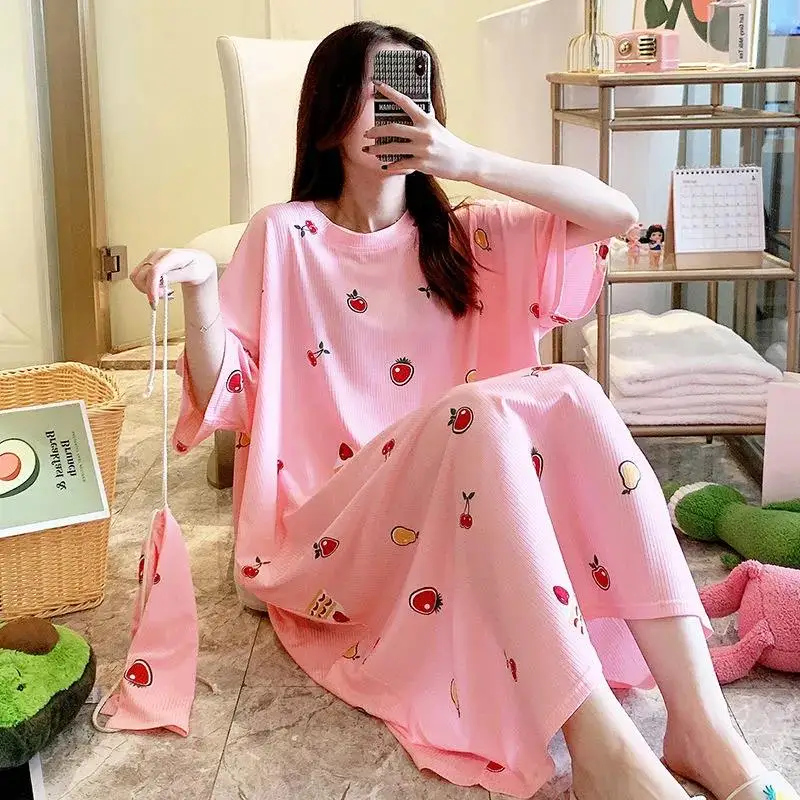 

Летнее Длинное ночное платье большого размера 6XL 150 кг, Женская пижама с коротким рукавом и круглым вырезом и мультяшным принтом, повседневное домашнее платье оверсайз