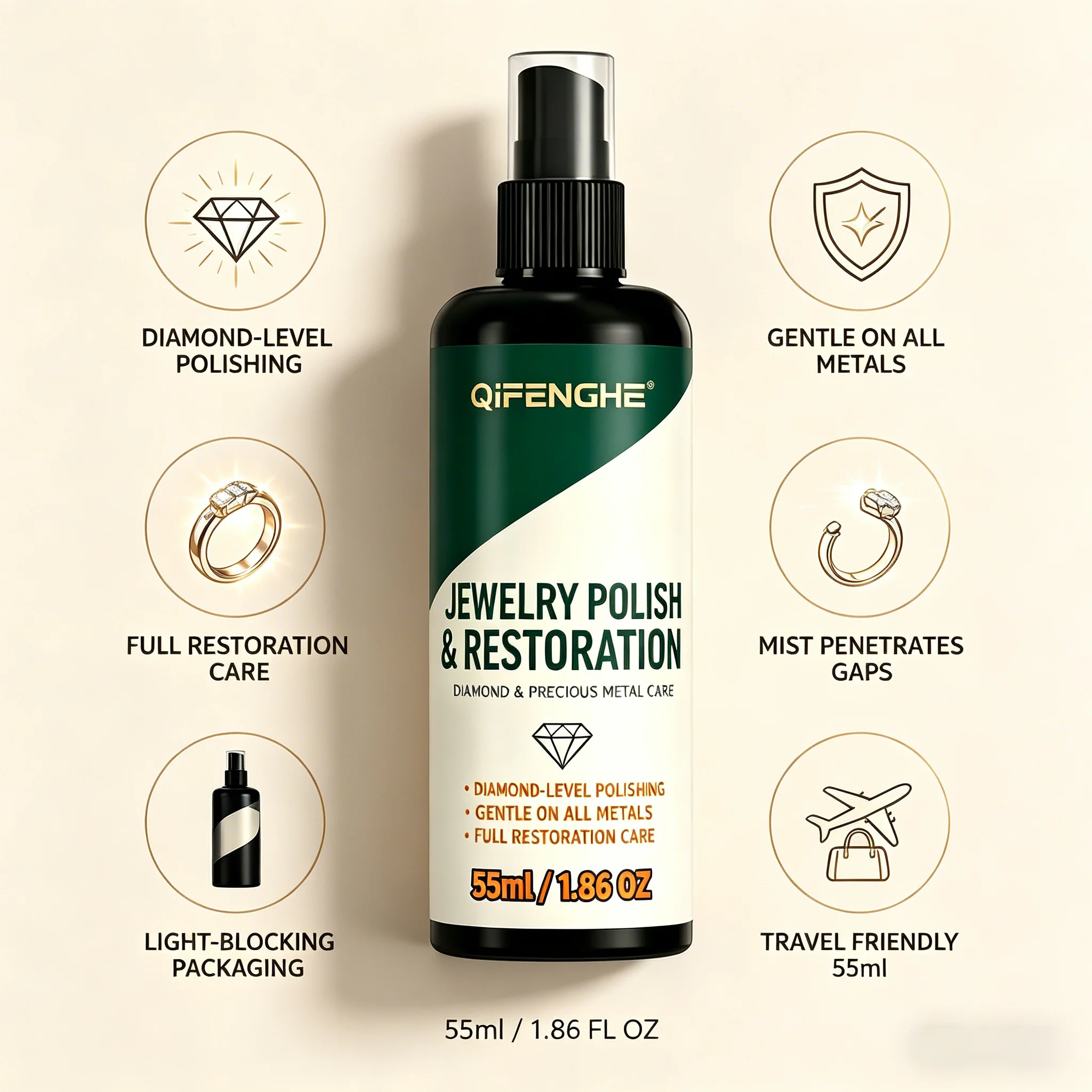 55mL Jewelry Polishing Spray – Mist for Diamond Gold Platinum, Restores Sparkle, Portable