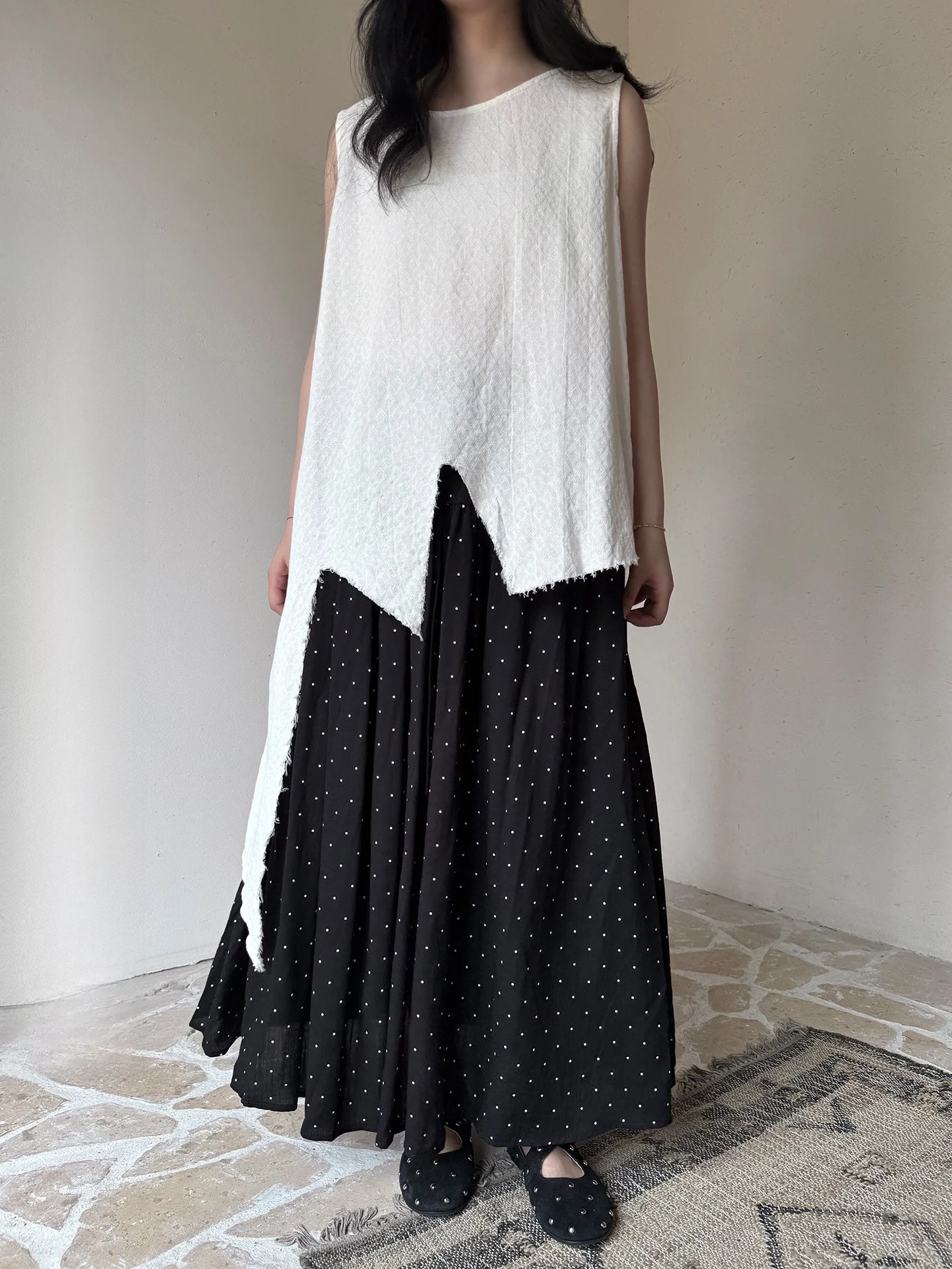 Handmade Irregular Hem Linen Vest Sleeveless Women's Top H-Shape Loose Fit round Neck Mid-Length Cotton Linen Blend Vest