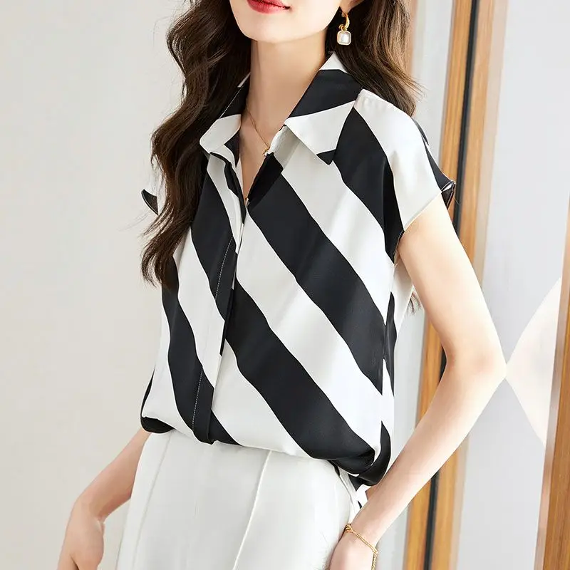 Women Summer Simplicity Loose Office Lady Striped Chiffon Polo-Neck Short Sleeve Shirts Women Clothes Casual All-match Thin Tops