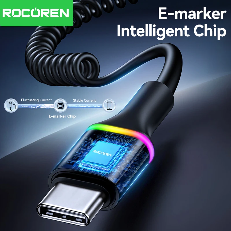 Rocoren PD 100W USB C para Tipo C Cabo de mola de carregamento rápido Cabo de dados flexível para iPhone 16 15 pro MacBook Samsung Xiaomi