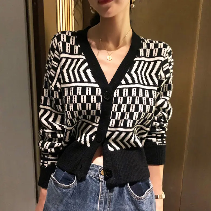 

Knitting Cardigan Women Autumn Winter Korean Fashion Printing Long Sleeve Sweater Coat Casual All-match Simplicity Knitwear Tops