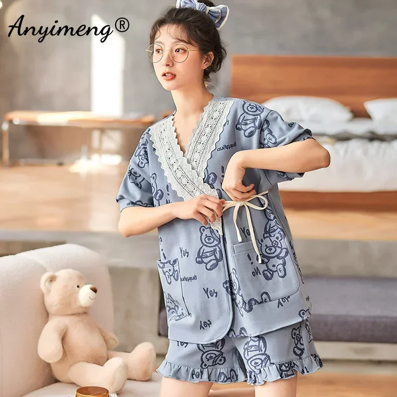 Nueva moda de verano, pijamas de algodón suave para mujer, ropa de dormir con estampado de animales Kawaii, pantalones cortos, Kimono, ropa de