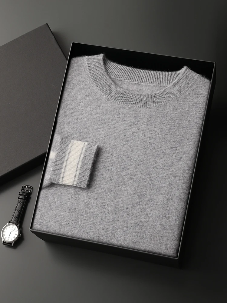 

Autumn Winter Men's 100% Cashmere Sweater O-Neck Pullover Soft Warm Knitwear Luxury Striped Casual Sports Male Clothing Top 2025