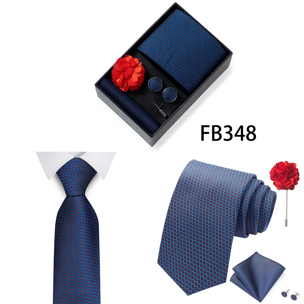 Neues Marken-Mode-Set: 8 cm Krawatte, Einstecktuch, Manschettenknöpfe und Brosche für Herren, Rot-Grau, Hochzeit, Geschenkbox, Passend für Partys – Detail 11