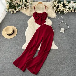 Women Summer Solid Color Fashion Set Bow Strap Top Split Casual Pants Two Piece Set