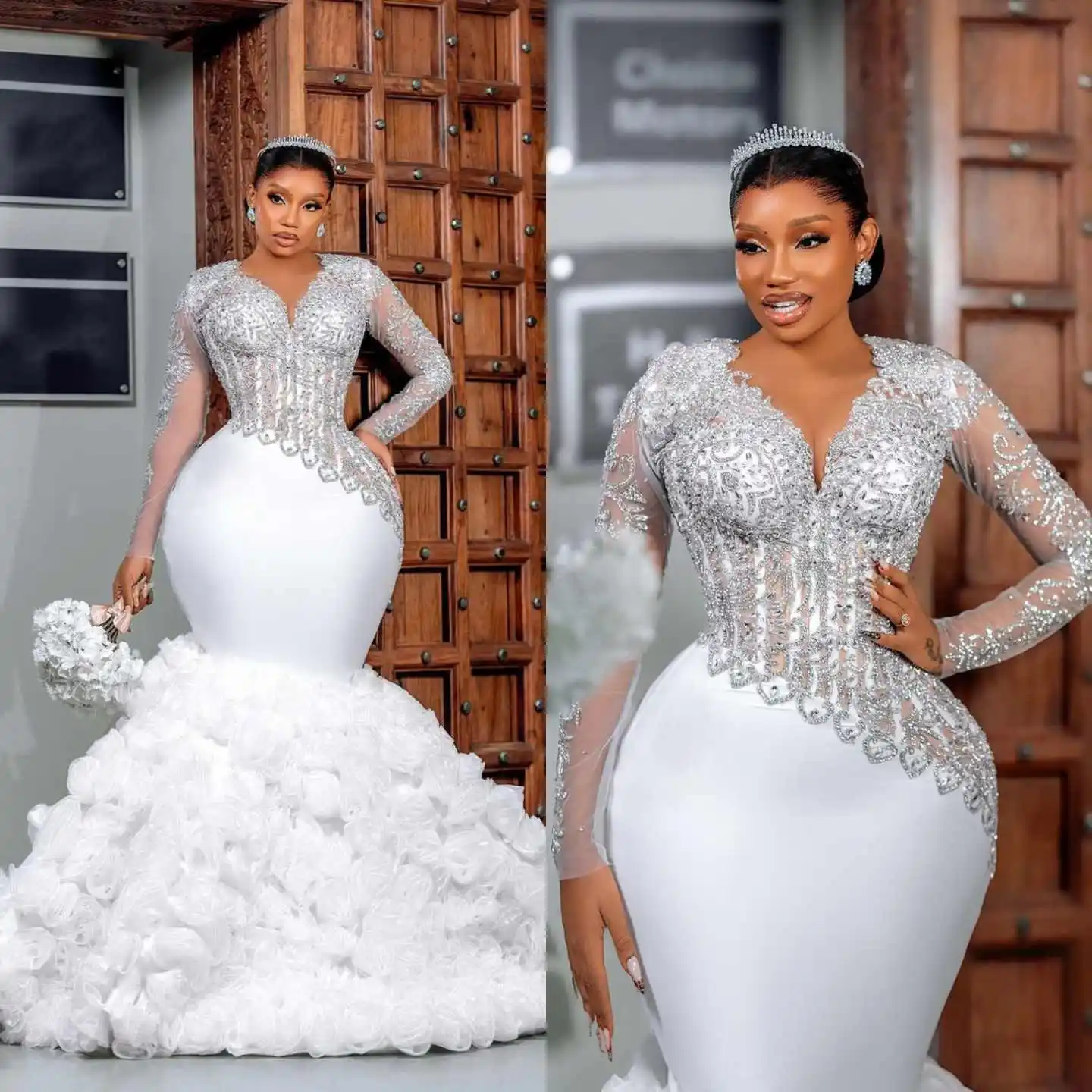 

Африканское свадебное платье больших размеров с бисером и V-образным вырезом, длинными рукавами, пышные свадебные платья ручной работы, многоуровневые шлейфы с кристаллами по индивидуальному заказу