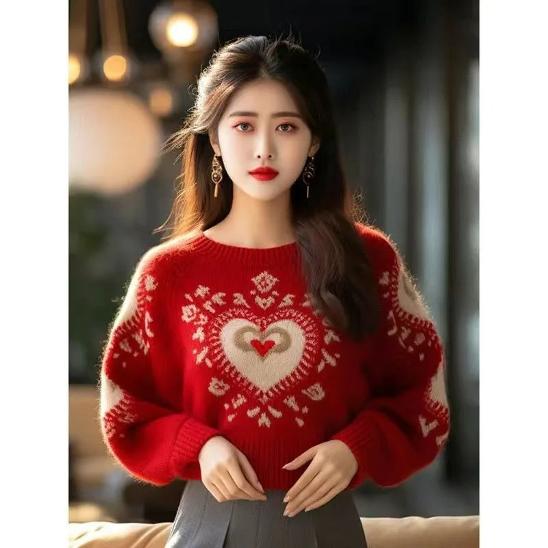 2025年新作クリスマスファッションプルオーバー レディース レッド ラブ 女性用セーター カジュアルニット 小香風トップス