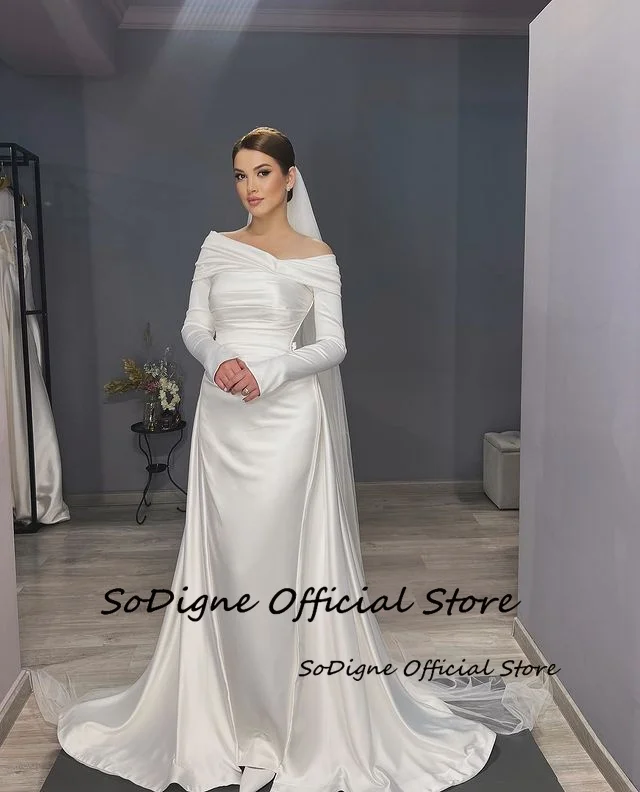 SoDigne Abiti da sposa musulmani in raso a sirena con spalle scoperte Maniche lunghe Abito da sposa Abito da sposa Robe De Mairee ﻿ Personalizzato